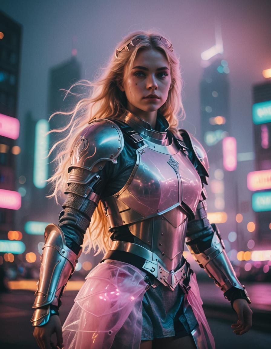 Neon Knightess Portrait in Vaporwave Style