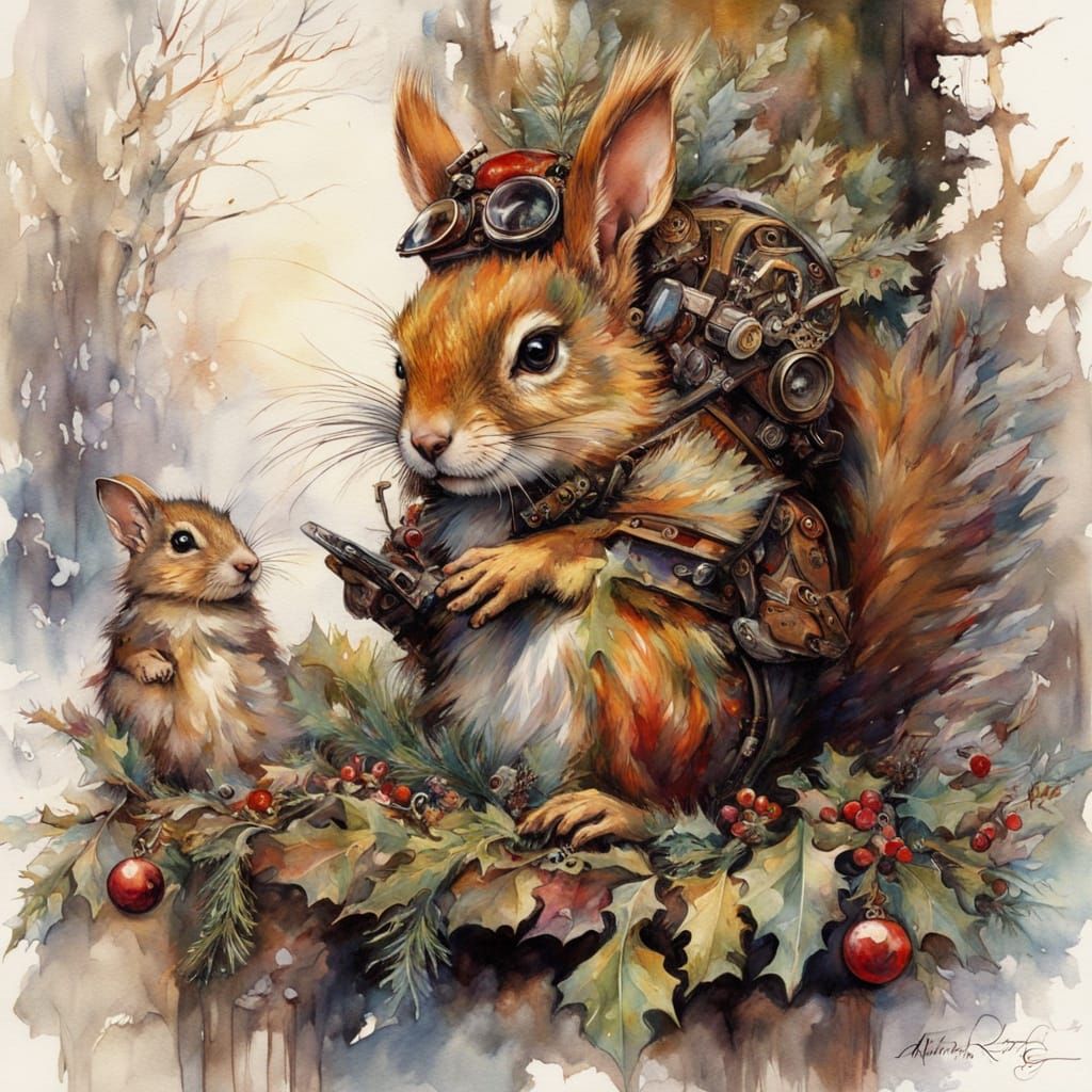 Steampunk Squirrel Christmas Morning Sunrise Watercolor Art