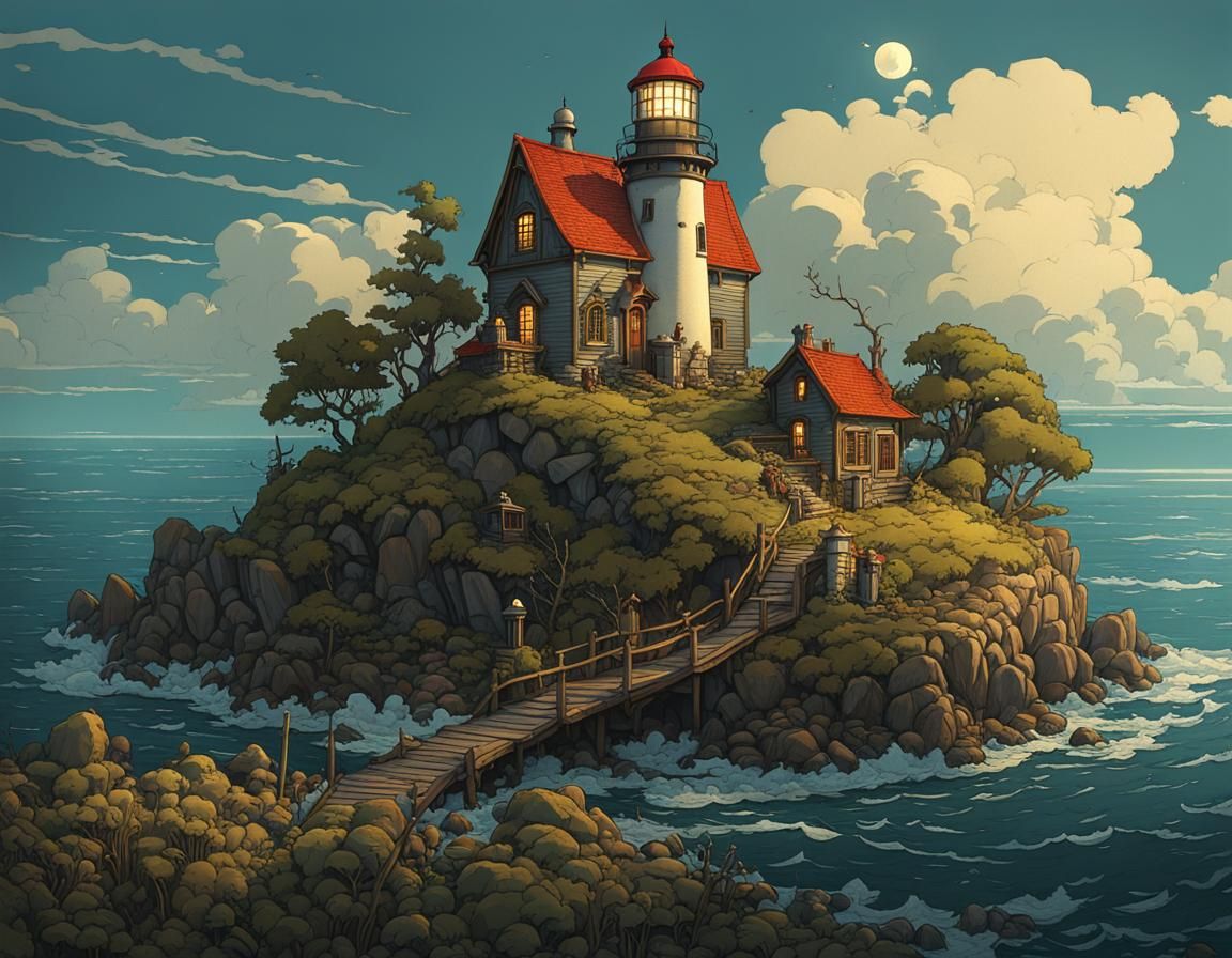 Island Lighthouse with Cottages: Detailed Matte Painting