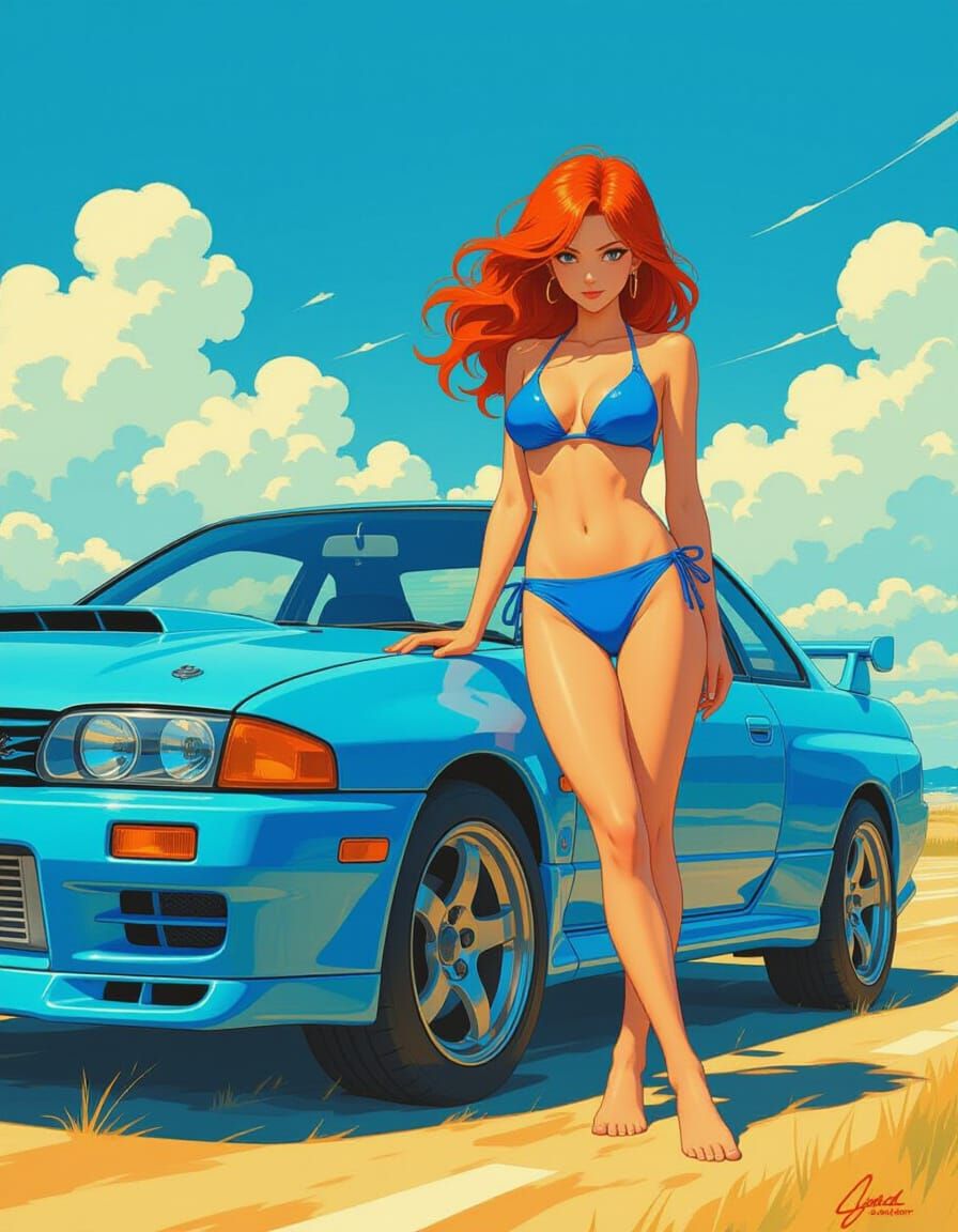 Anime Woman with Red Hair Beside JDM Car