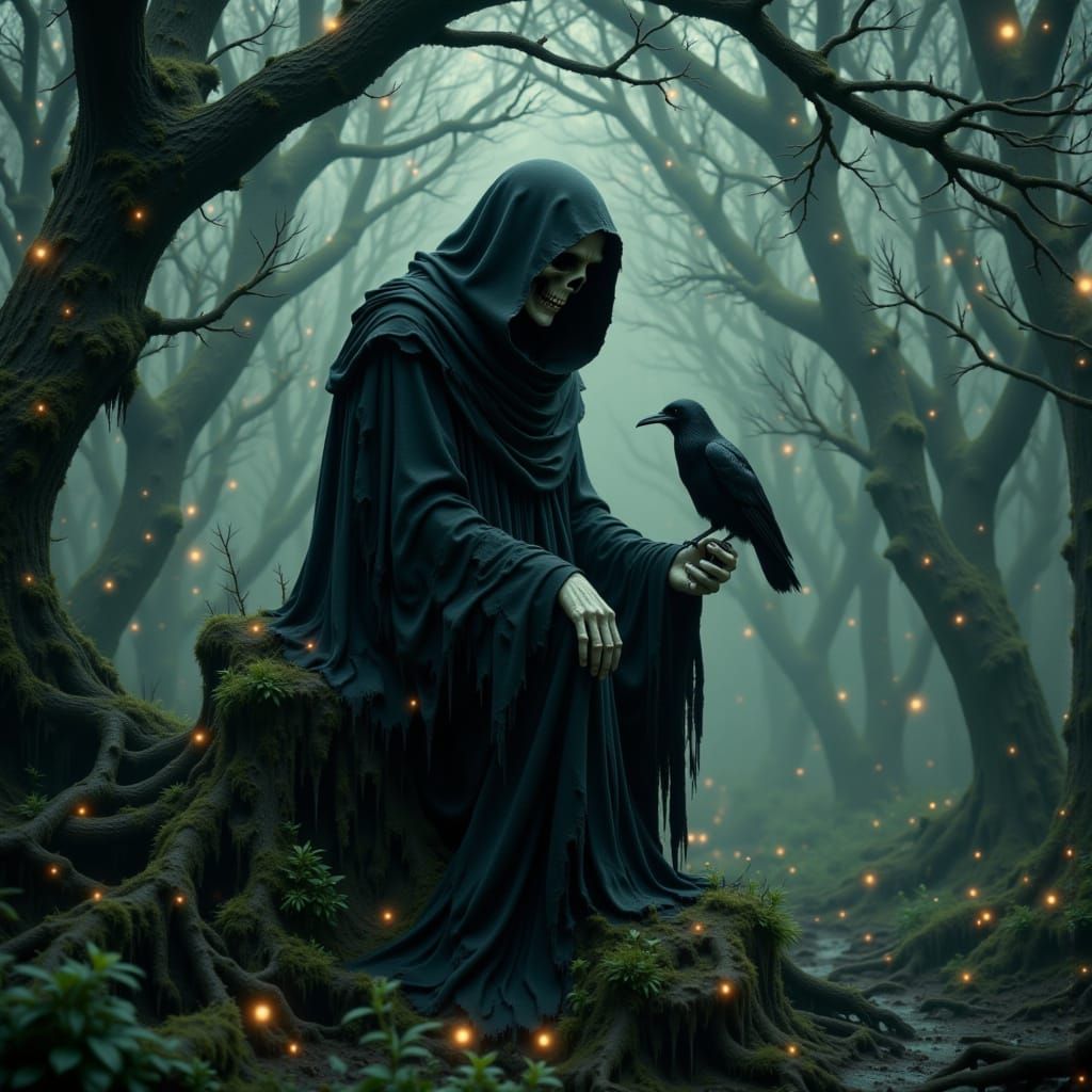 Grim Reaper in Twilight Forest, Surrounded by Fireflies and ...