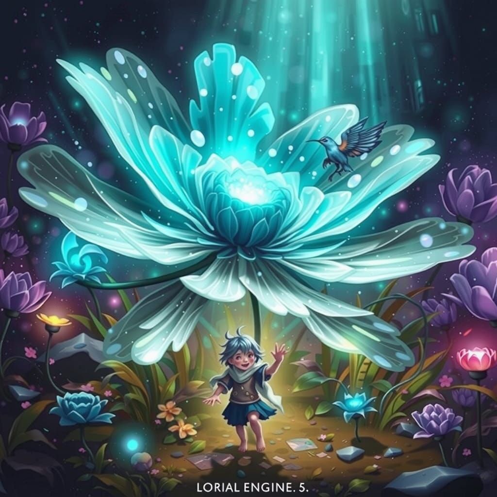 Turquoise Magical Flowers with Child, Detailed Matte Paintin...