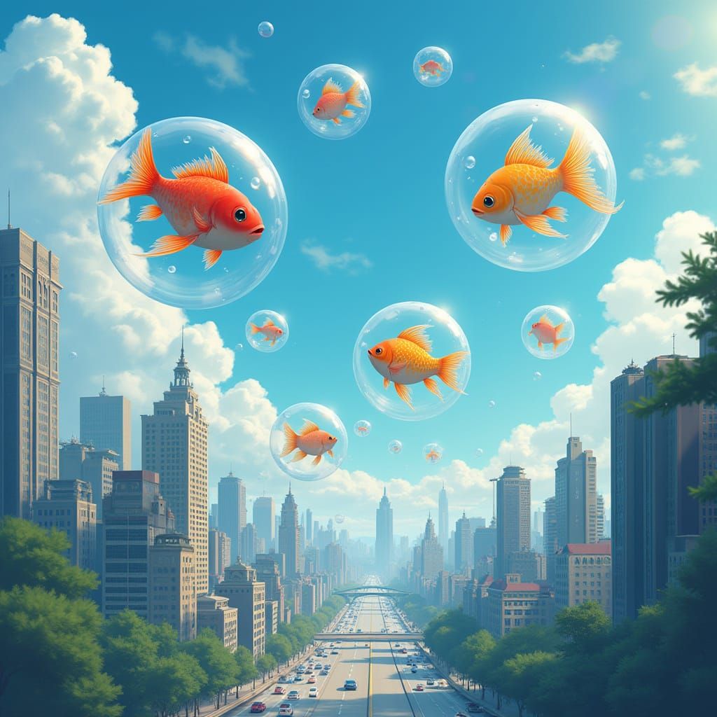 Fish Bubbles Float Over Cityscape in Whimsical Style