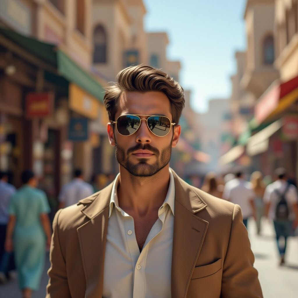 Handsome Tourist Navigates Crowded Arabian Street in 4K