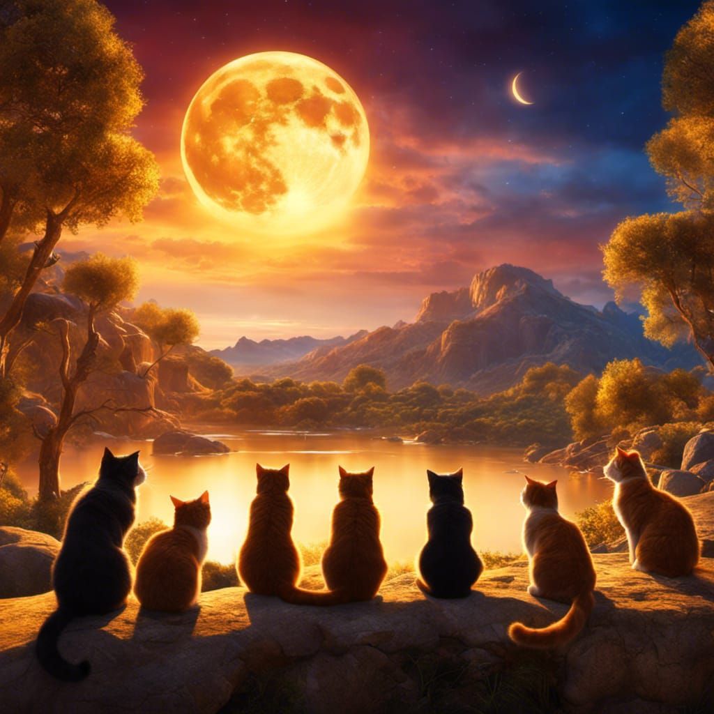 Cats Singing at the Moon on Moonlit Night