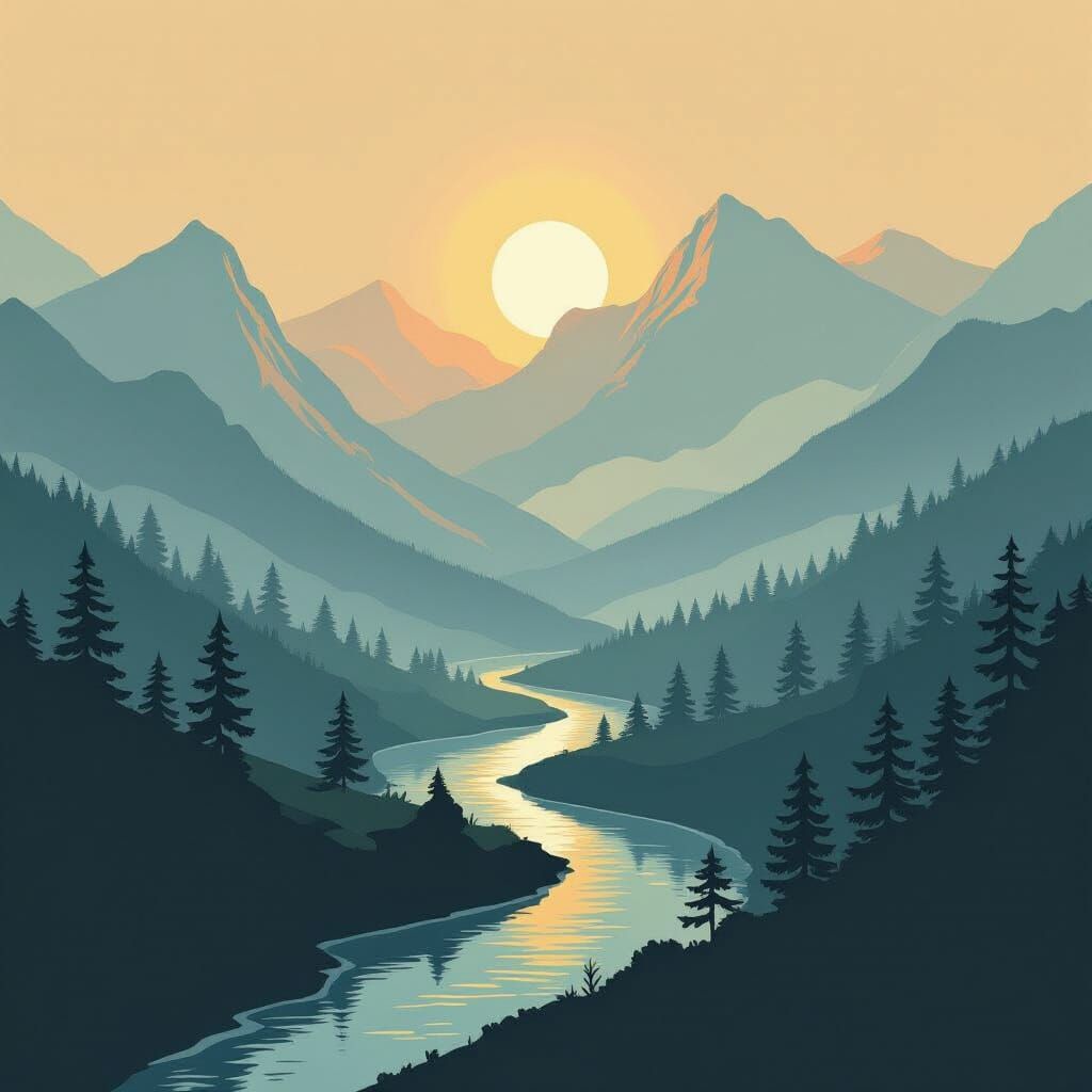 Mystical Minimalist Mountain River Landscape with Ethereal S...
