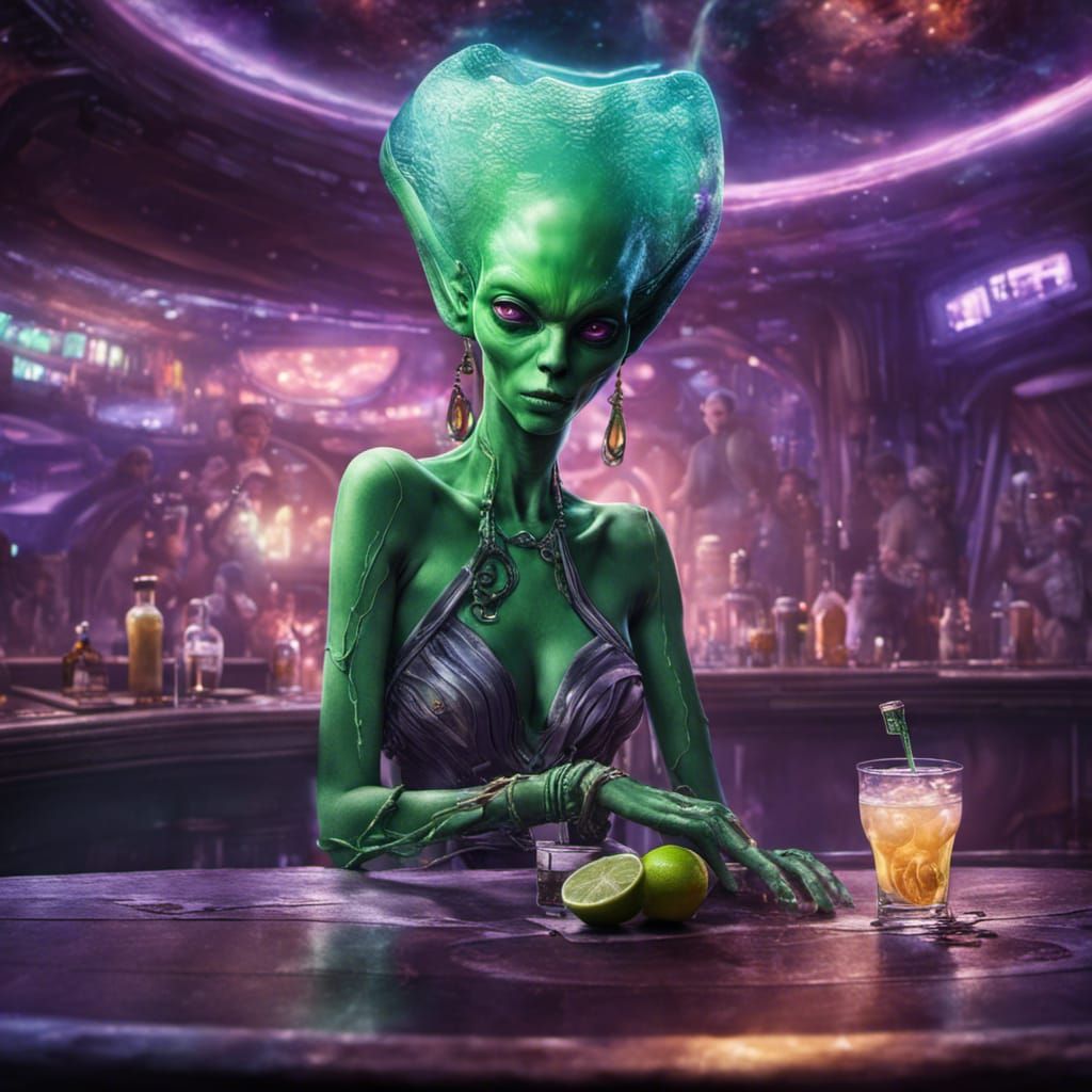 Green Alien at Interstellar Bar, Fantasy Art