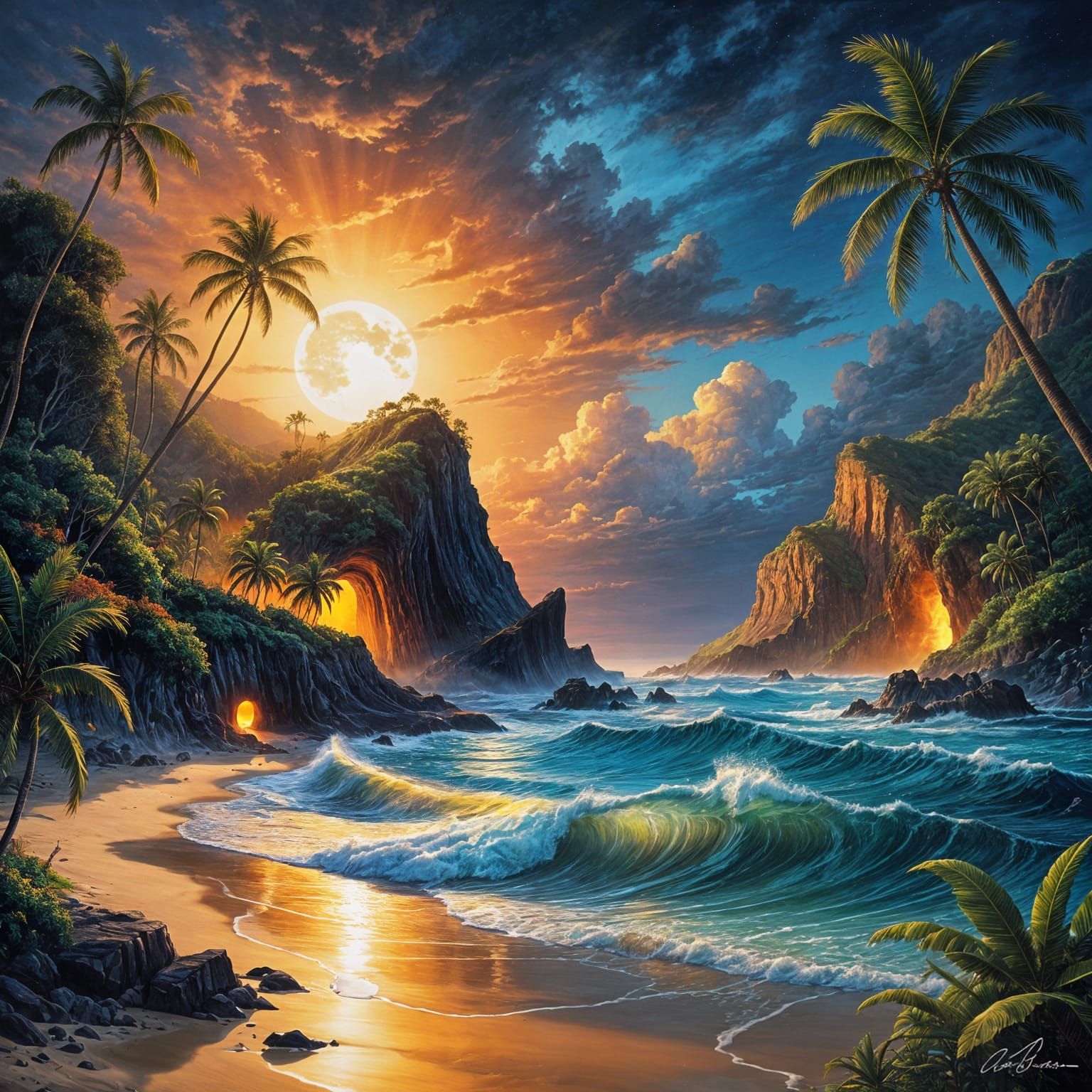 Surreal Summer Nighttime Scene of Hawaii Beach with Cliffs a...
