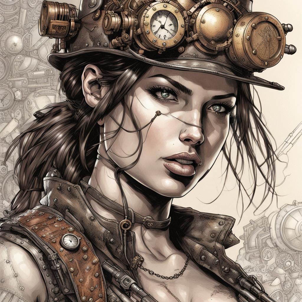 Steampunk Lara Croft Portrait in Comic Style