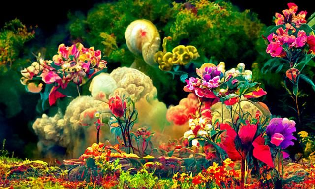 Surreal Overgrown Floral Landscape in Kinetic Pointillism
