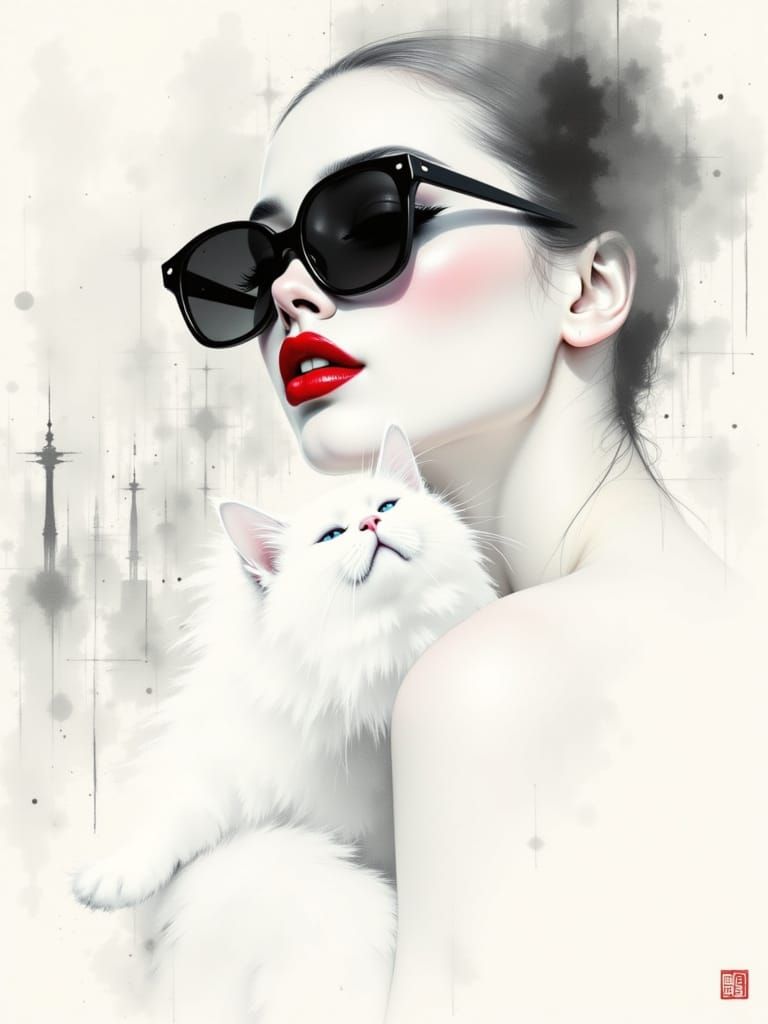 Elegant Woman With White Cat in Minimalist Style