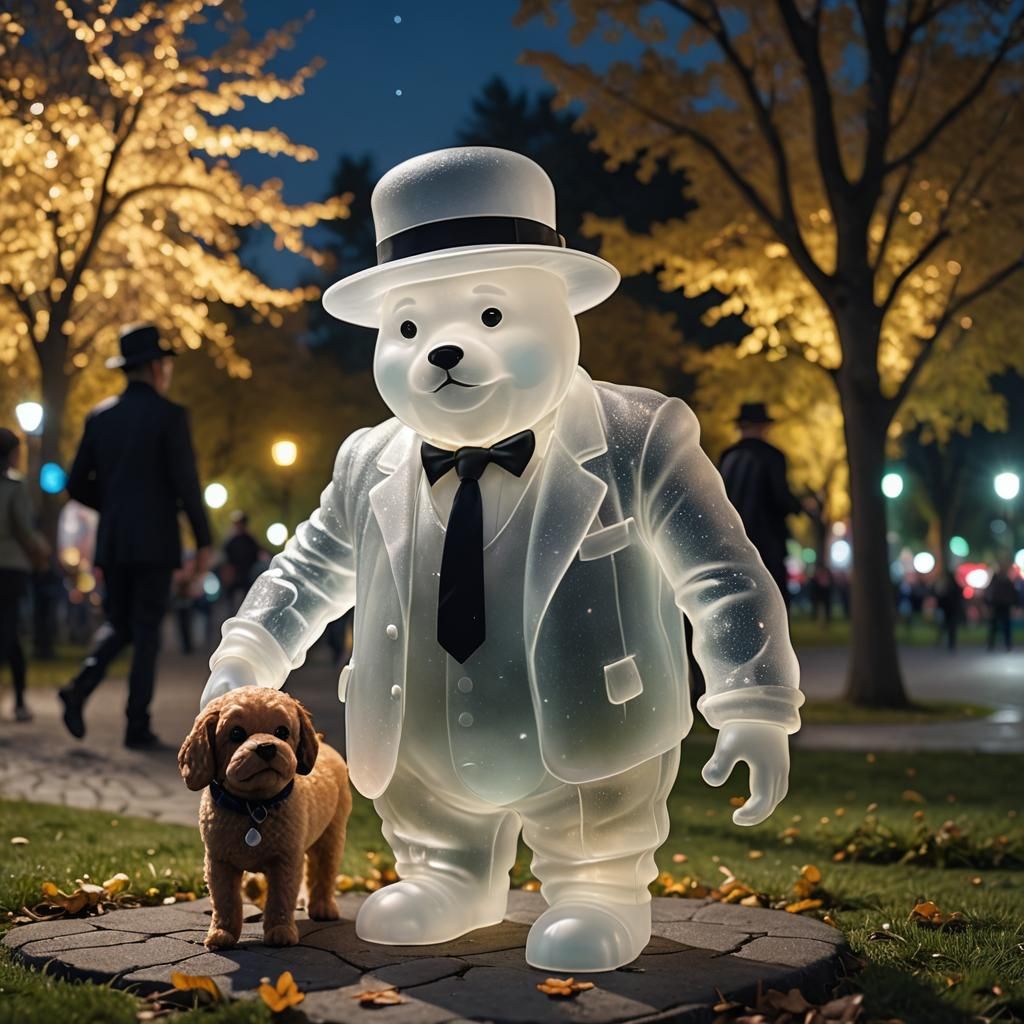 Translucent Jelly Man Walks Dog in Park
