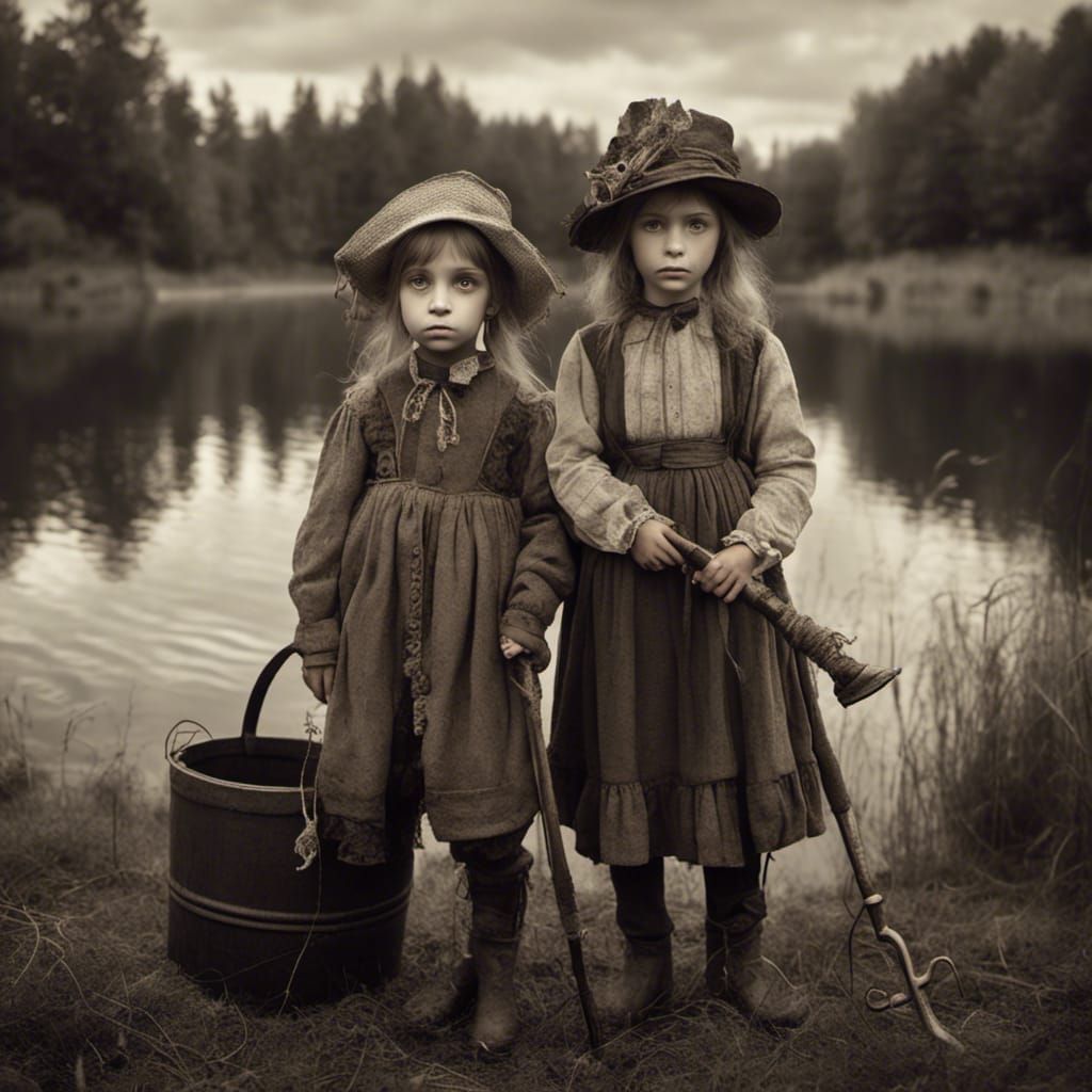Girls Fishing in 1800s Black and White Style