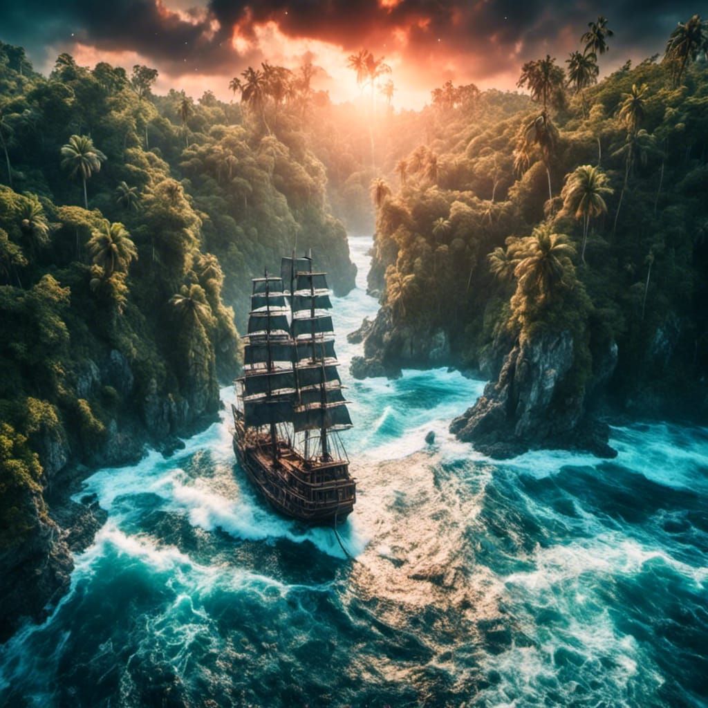 Ancient Ship Sails Tropical Ocean at Sunrise
