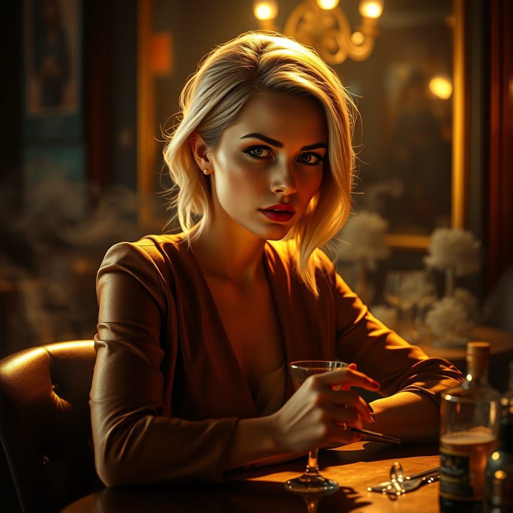 Elegant Blonde Woman in Smoky Haze, Warm Atmosphere, Hyperre...