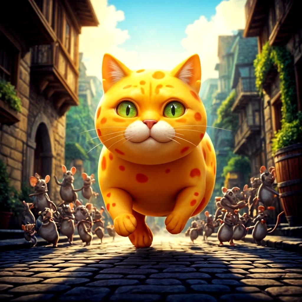 Cheese-Cat Hunted by Mice in Medieval Street
