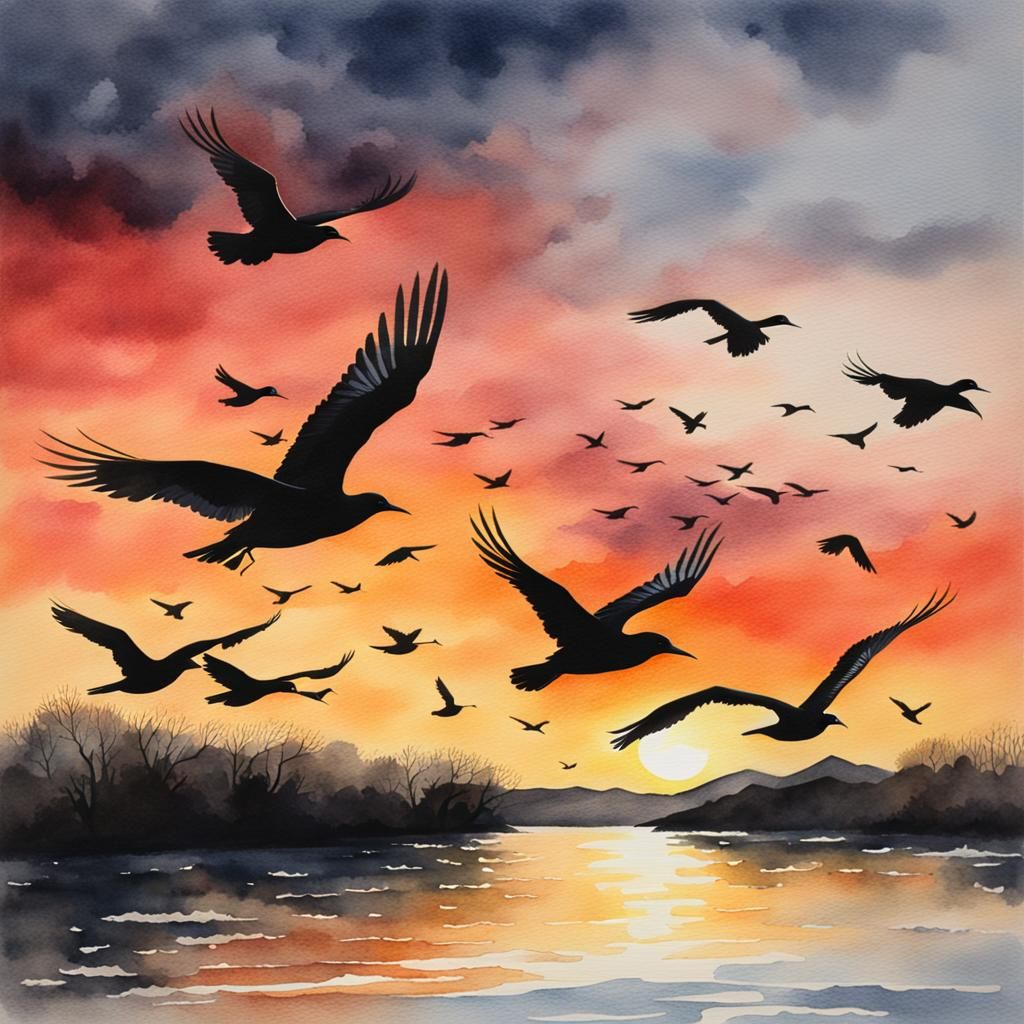 Watercolor Birds Flying Over River at Sunset