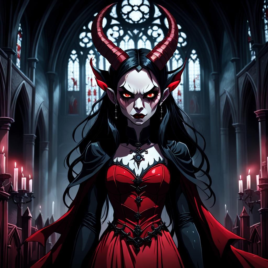Eerie Cartoon of a Demon Woman in Gothic Church