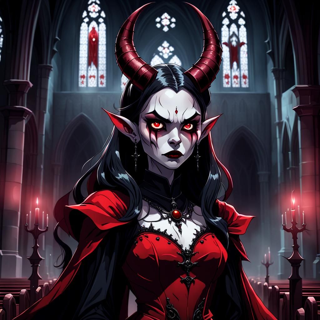 Red Demon Woman in Gothic Church Cartoon
