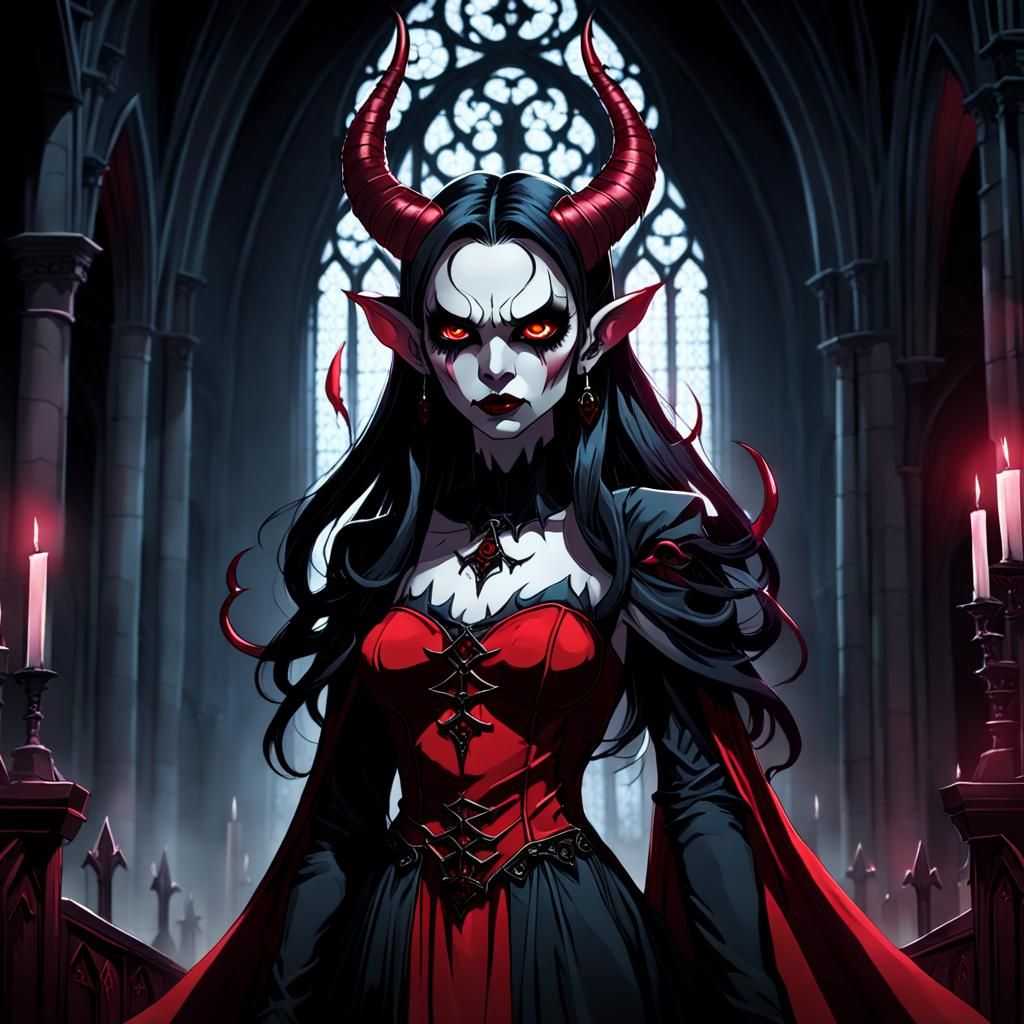 Eerie Demon Woman in Gothic Church Illustration