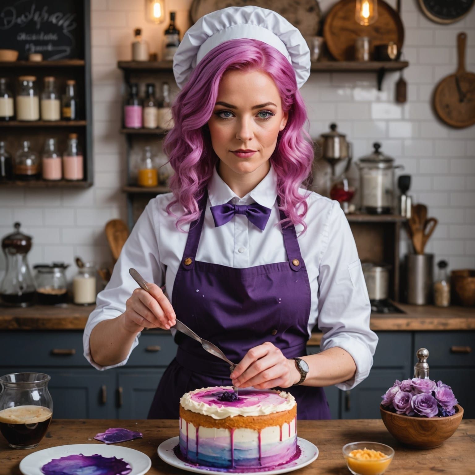 Pink-Haired Baker Decorating Cake in Alcohol Ink Style