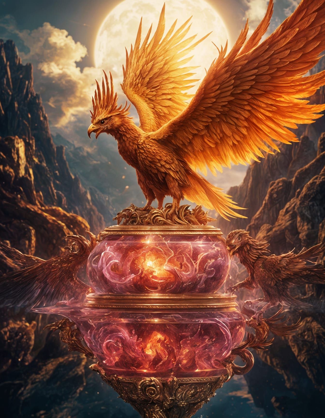 Majestic Phoenix on Ruby Throne with Opulent Jewellery