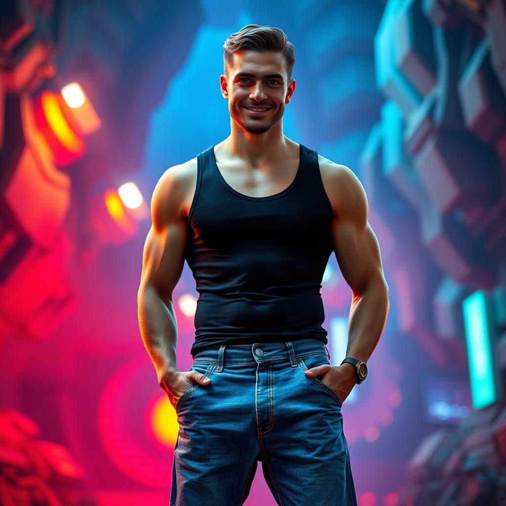 Handsome Man in Jeans: Sci-Fi Fantasy Portrait
