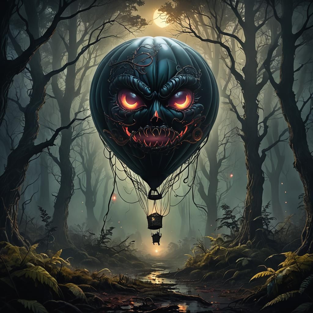 Eerie Balloon with Glowing Eyes in Dark Forest