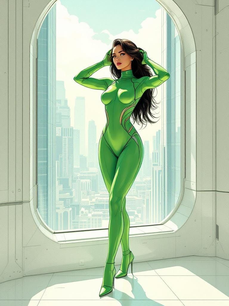 Sleek Woman in Retro-Futurist Cyberpunk Cityscape