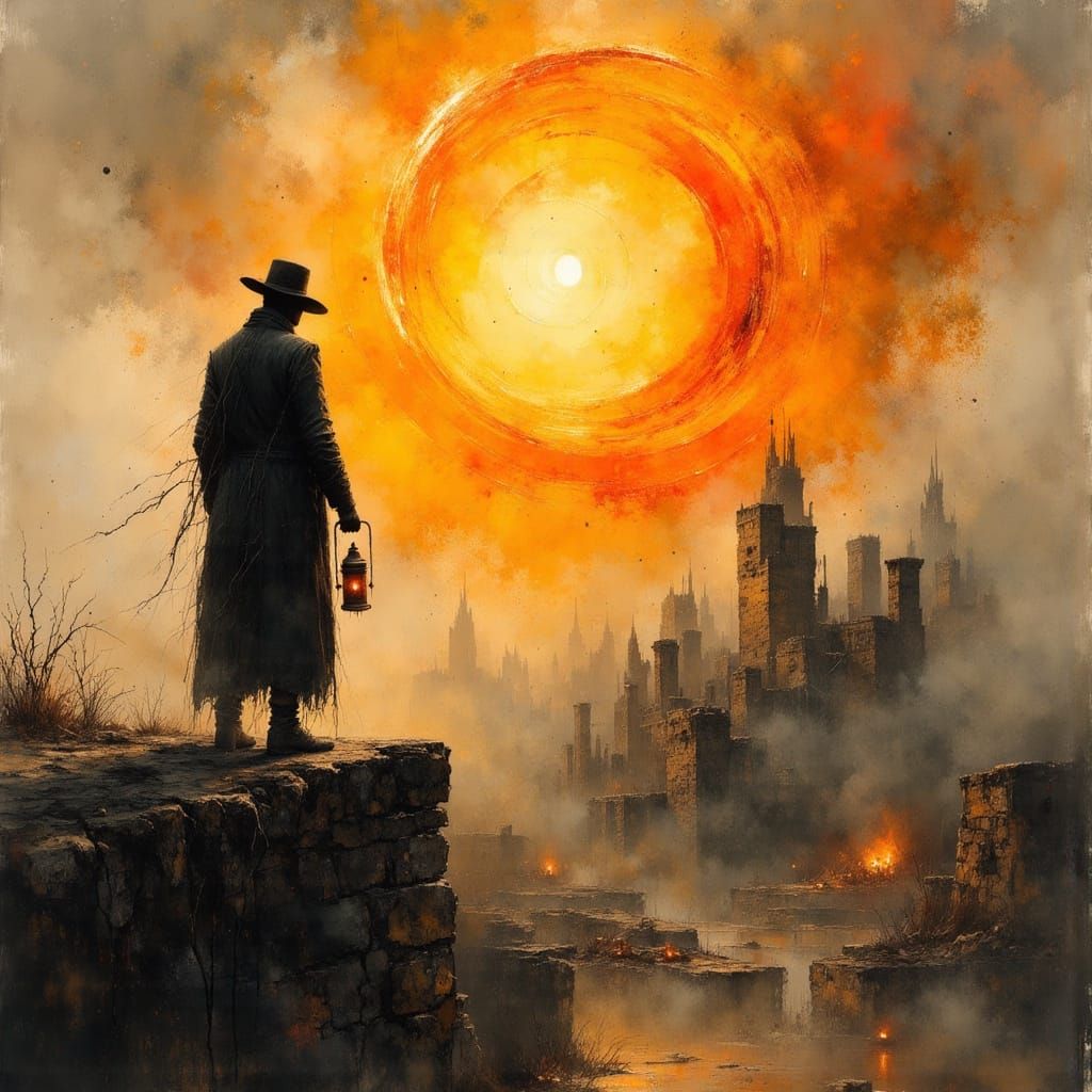 Ethereal Watchman in Neo-Gothic Ruins at Sunset