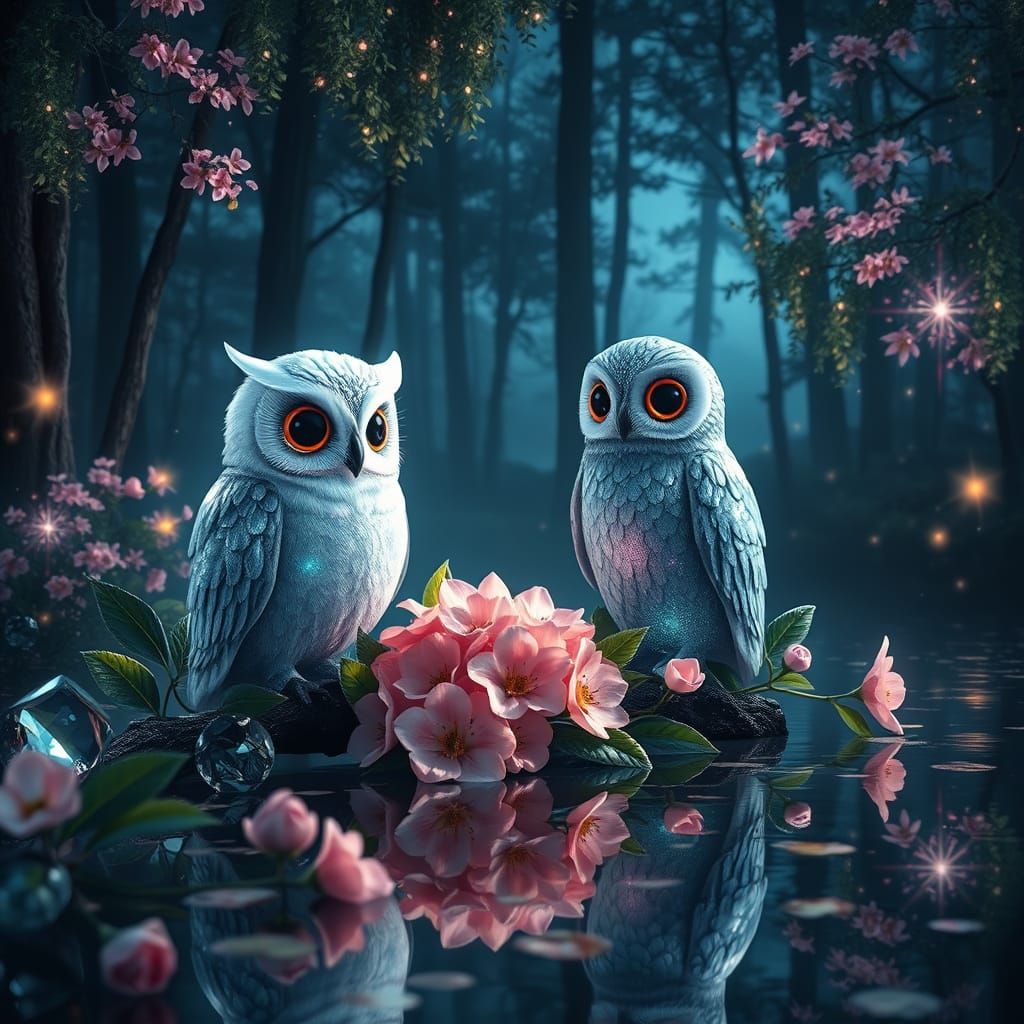 Surreal Fantasy Scene with Crystal Owl and Silver One in Blo...