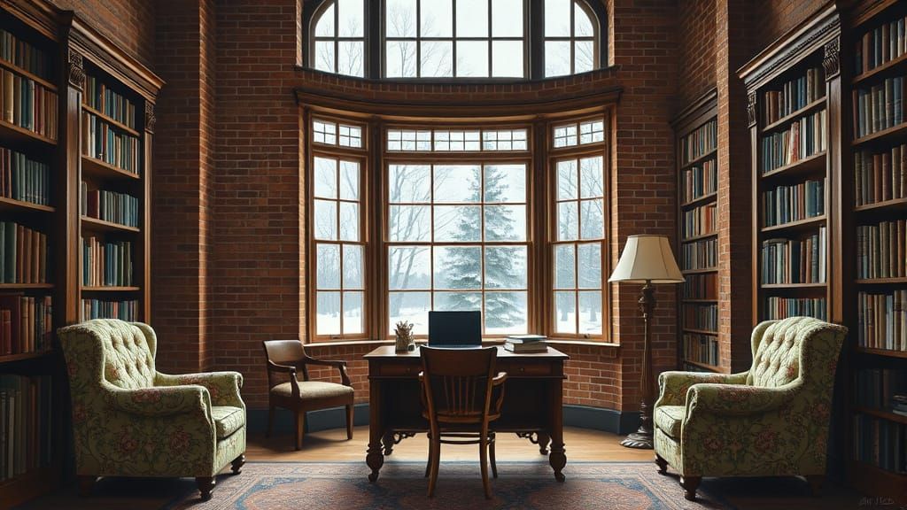 Victorian Library with Snowy View