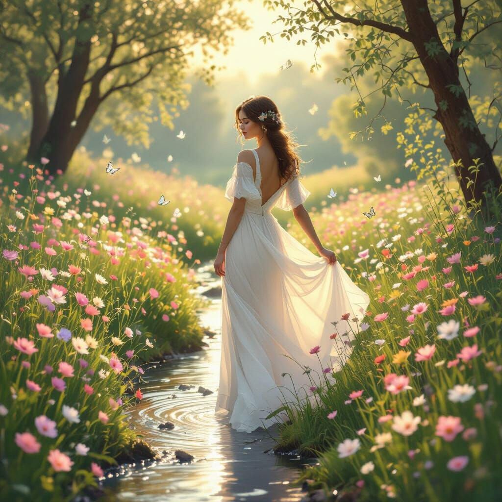 Woman in Meadow of Pastel Flowers: Romantic Style
