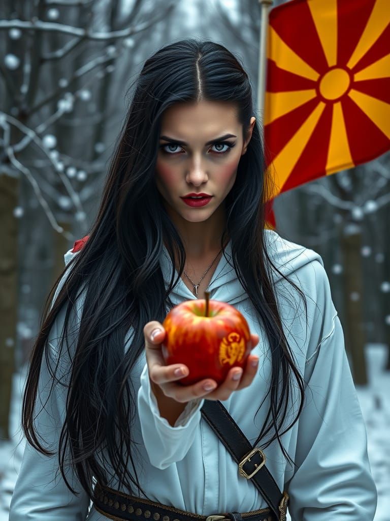 Evil Woman Warrior Offers Apple with Macedonian Flag