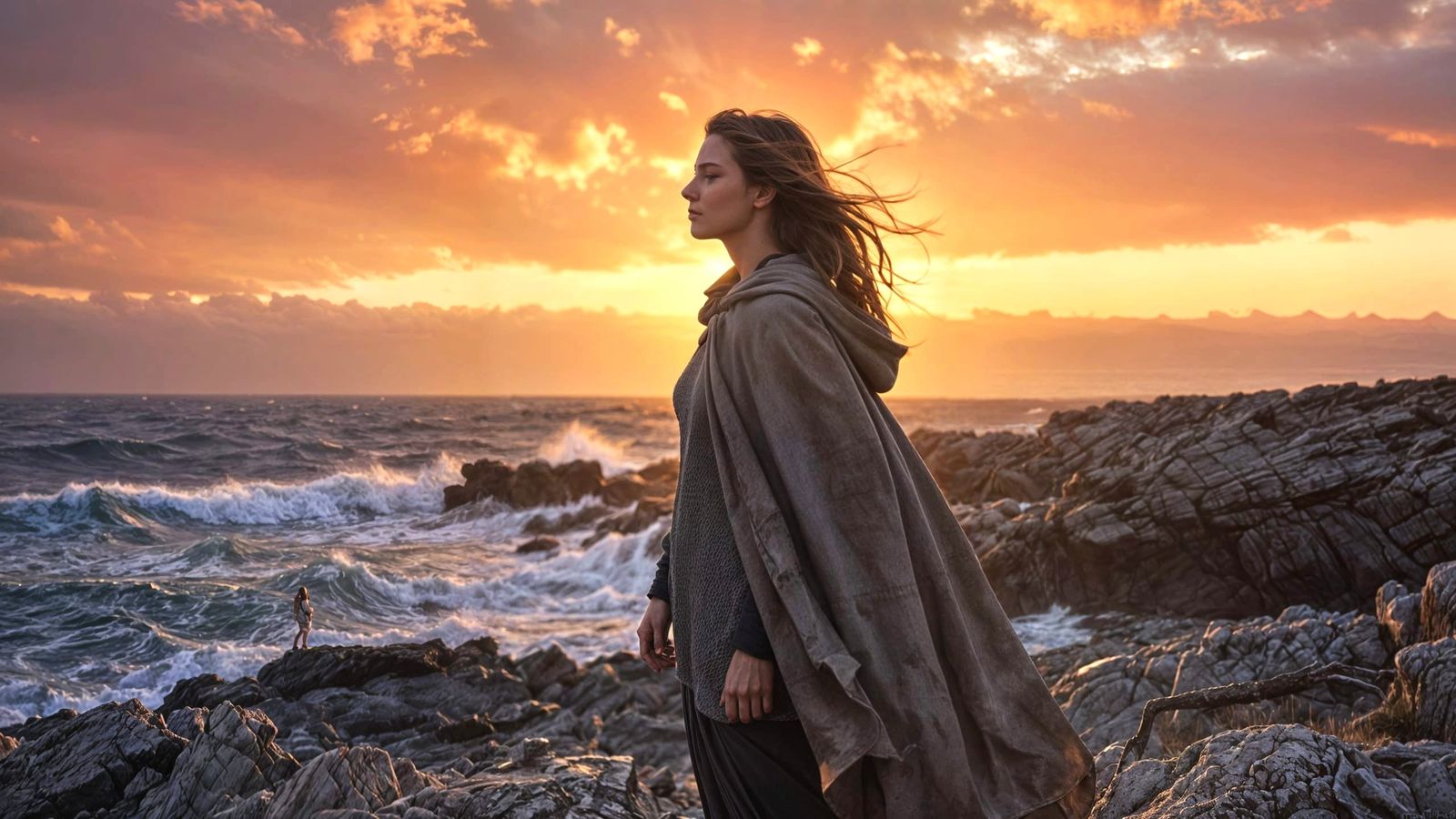 Woman Gazes at Golden Hour Coastline in Dramatic Light