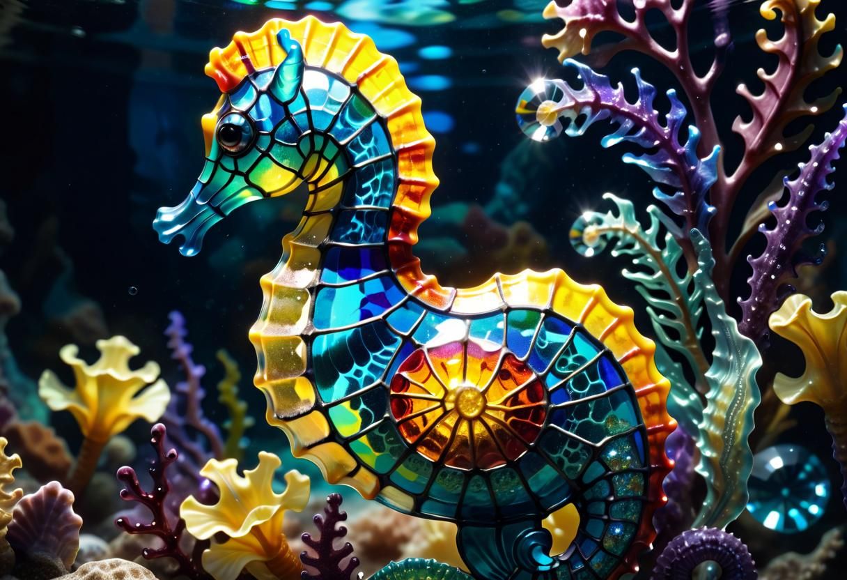 Bioluminescent Crystal Seahorse Underwater in Stained Glass