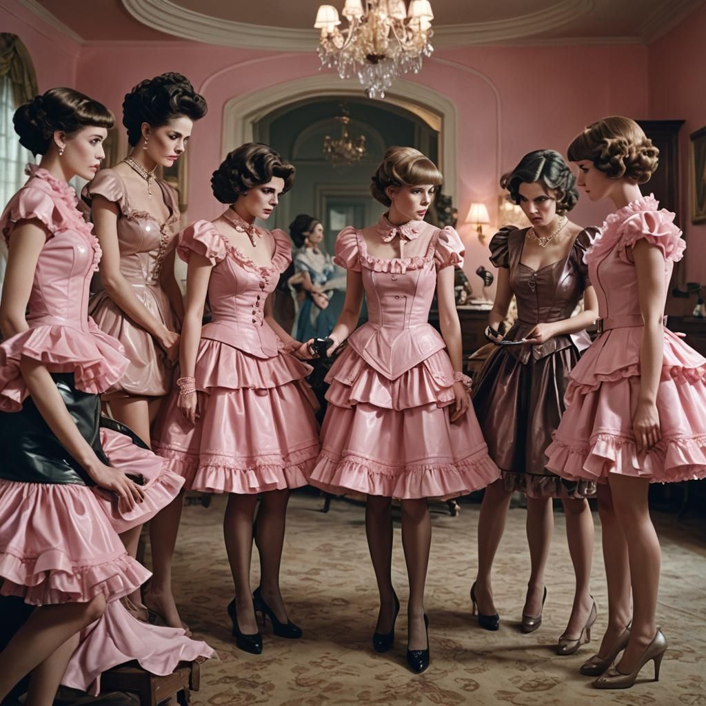 Leather-Clad Women Examine Figure in Pink Dress