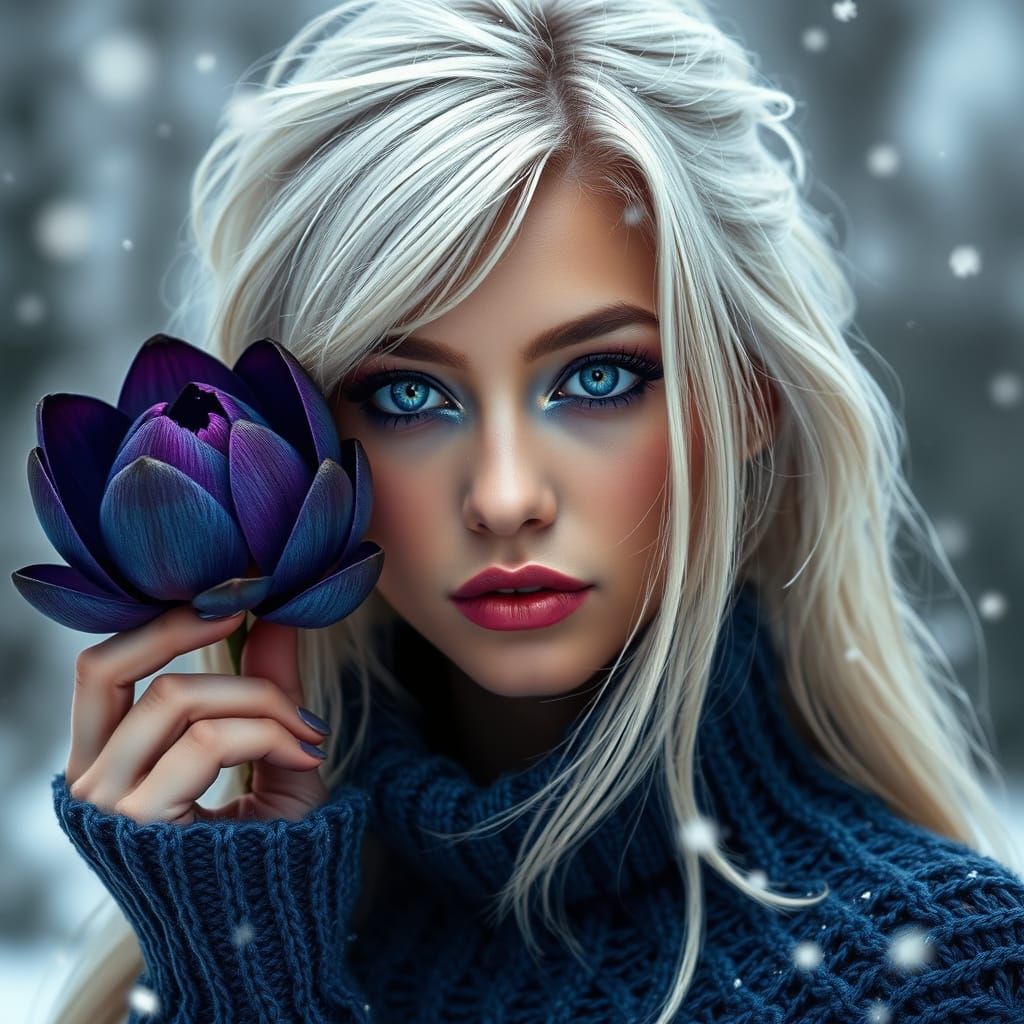 A captivating woman, striking makeup, long tousled platinum blond hair, holding a darkest blue lotus flower next to her ...