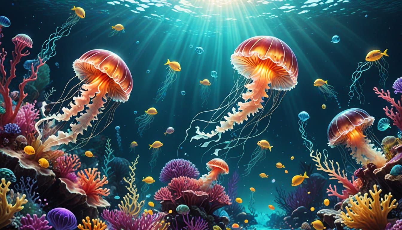 Colorful Fish Swim Near Coral Reef in Digital Art