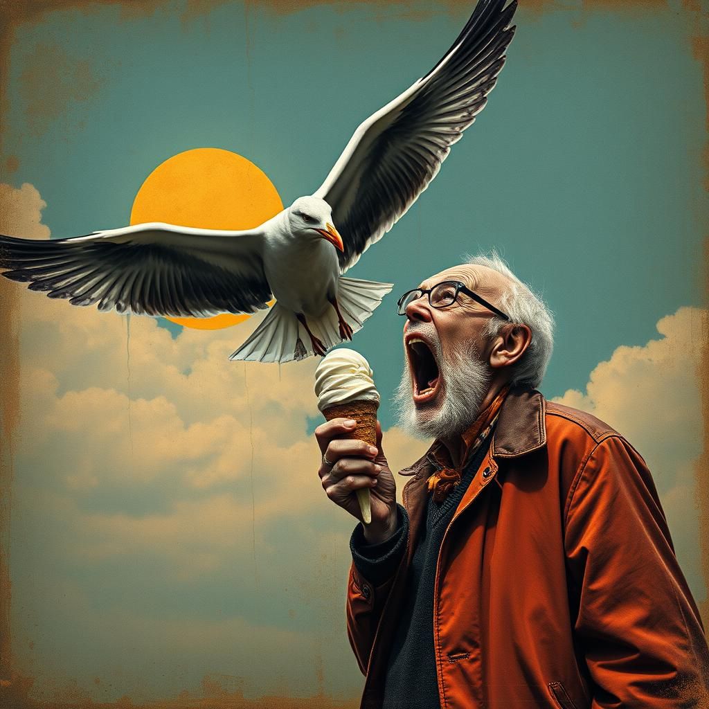 Seagull Steals Ice Cream: Hyperrealism in Mixed Media