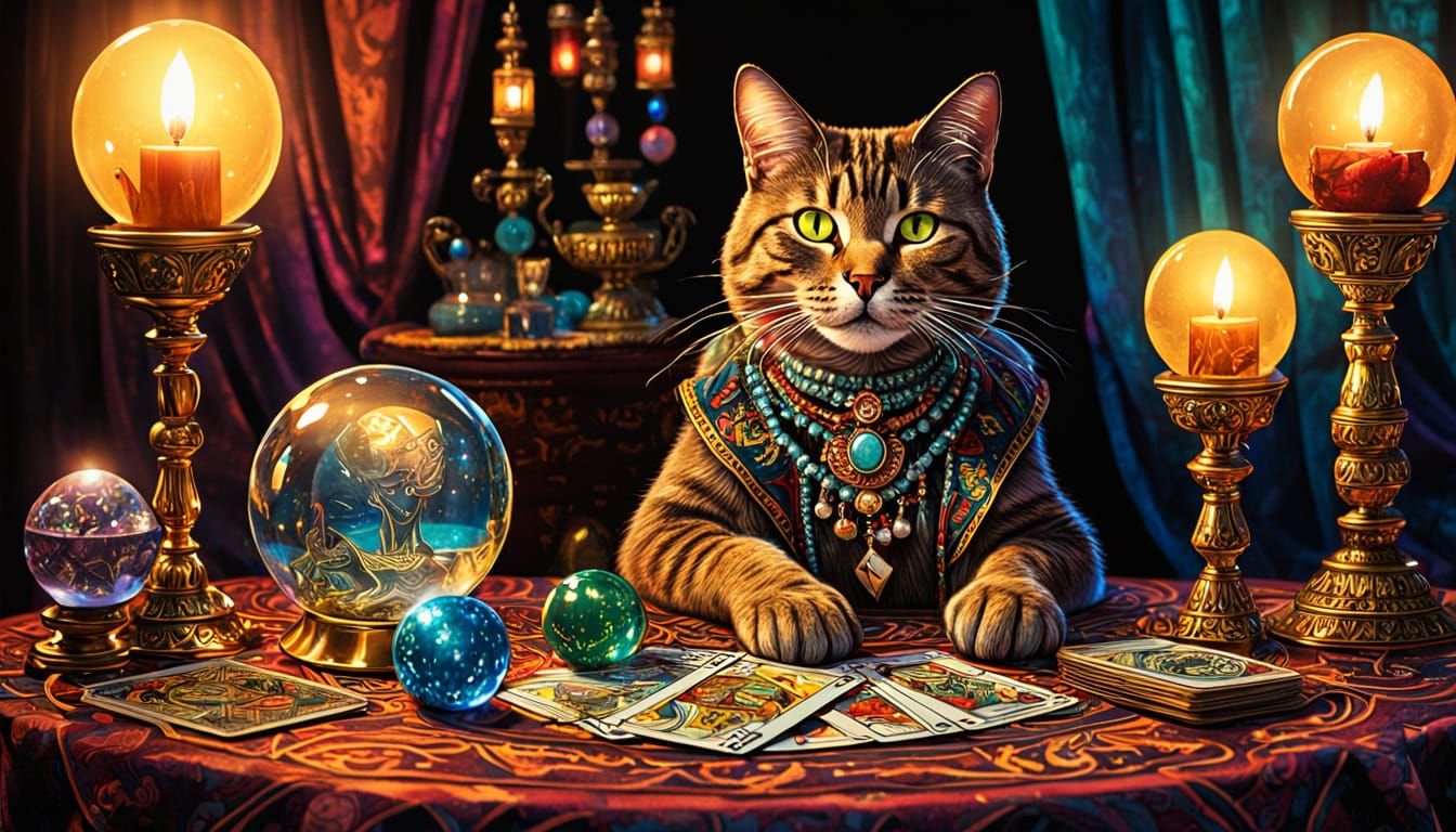Mystical Cat Fortune Teller in Comic Book Style