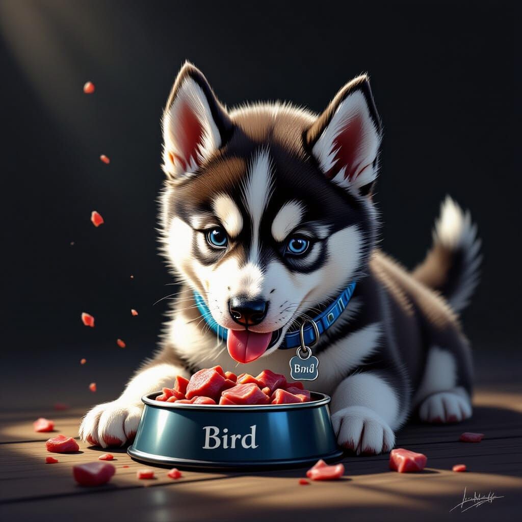 Cute Husky Puppy "Bird" Eating in Dramatic Fantasy Style