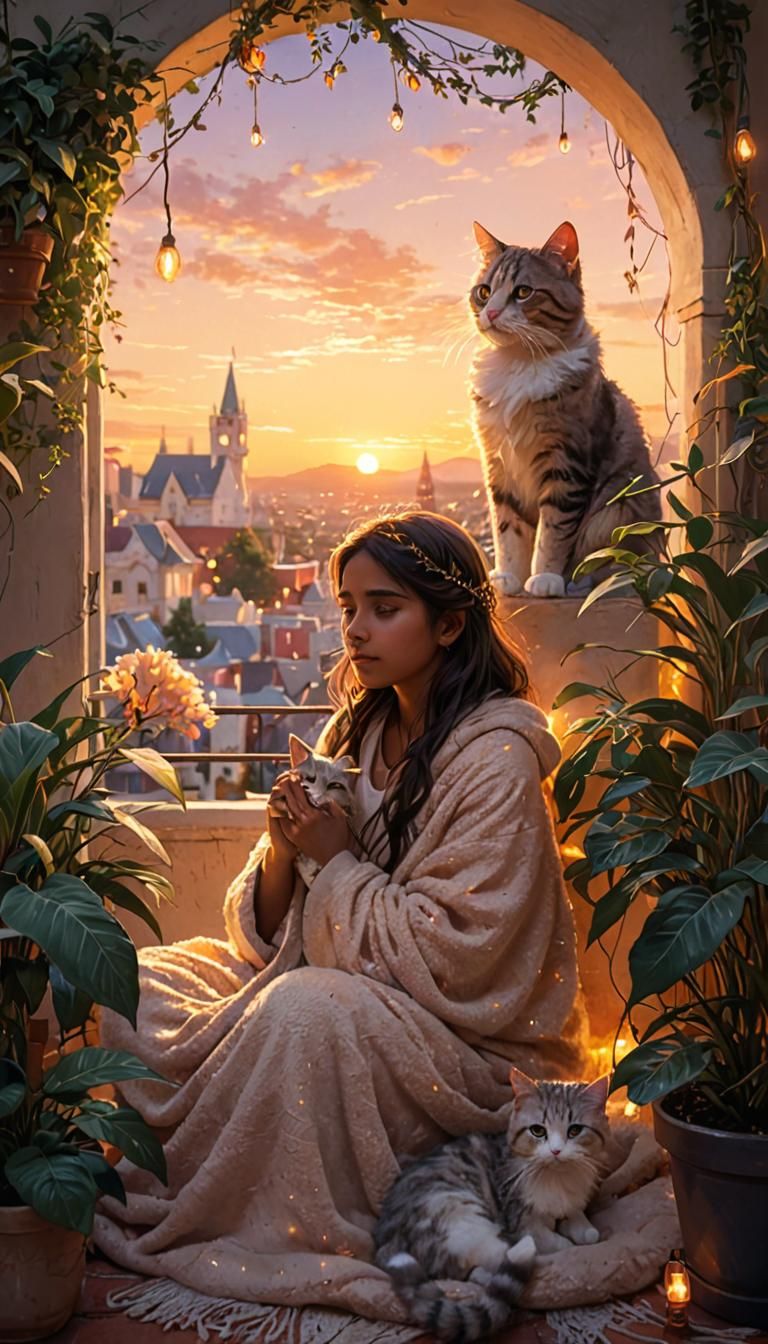 Whimsical Rooftop Garden at Dusk with a Cozy Indian Girl