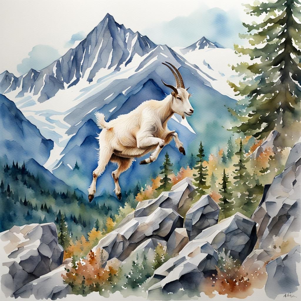 Goat Leaping in Mountainscape: Watercolor Painting