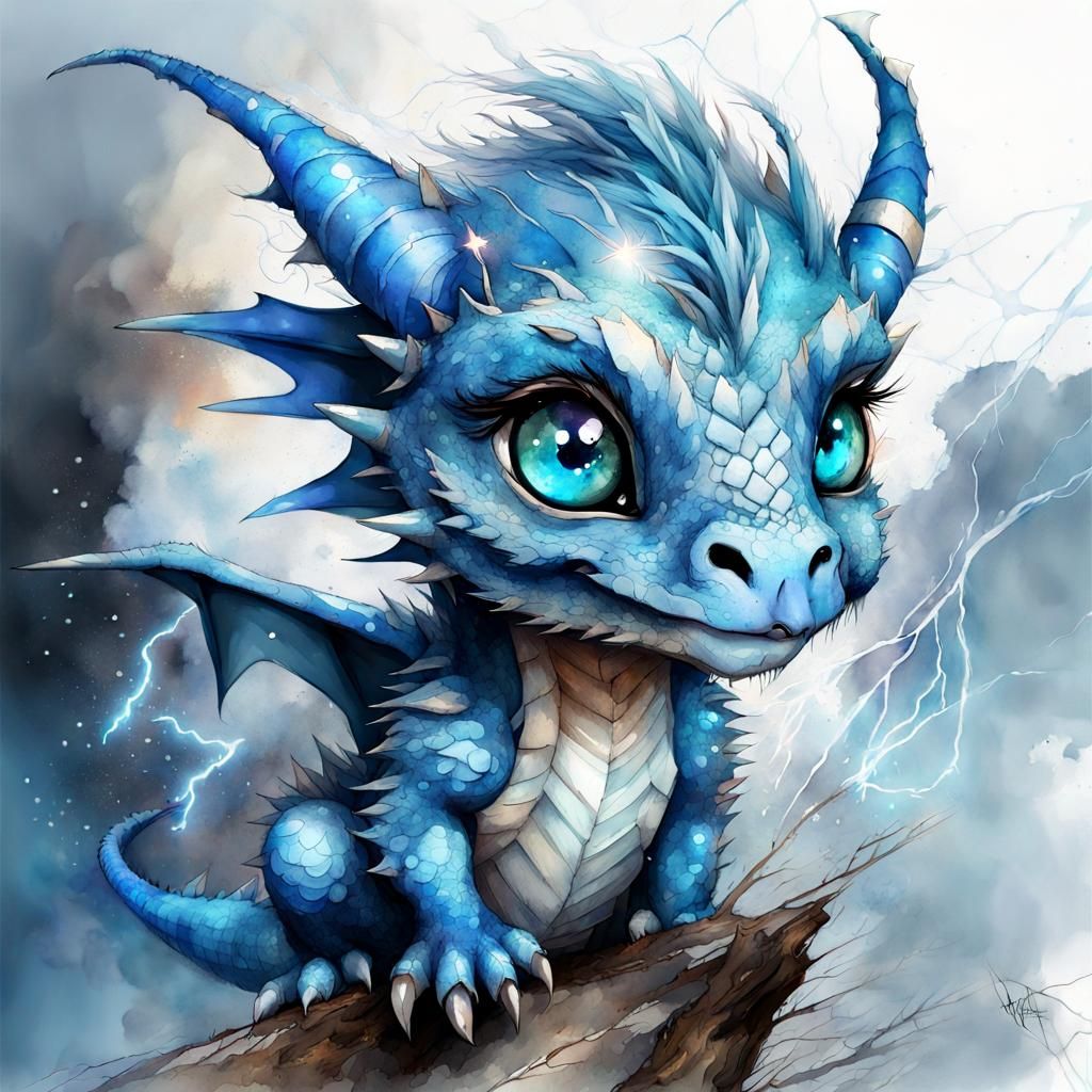 Chibi Blue Dragon in Watercolor Storm