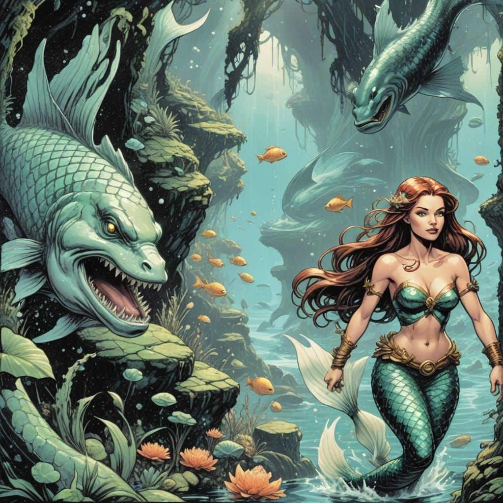Vibrant Comic Book Cover Art of Mermaid Lagoon