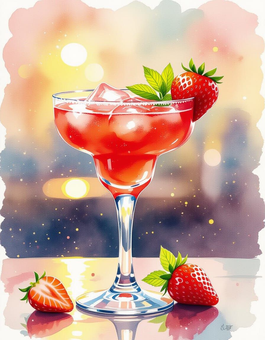 Vibrant Strawberry Daiquiri Watercolor Splash Art