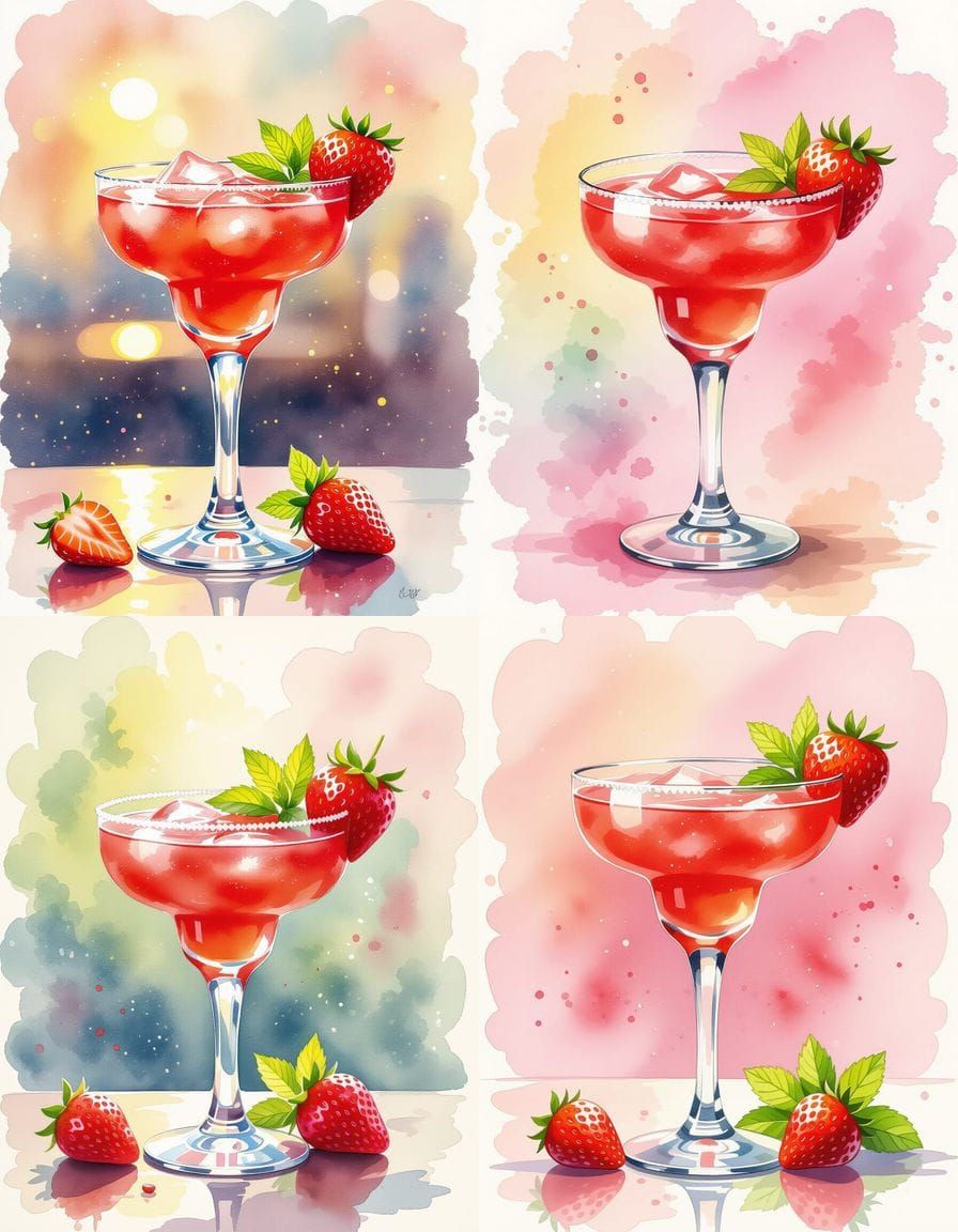 Vibrant Strawberry Daiquiri Cocktail Art in Watercolor Splas...