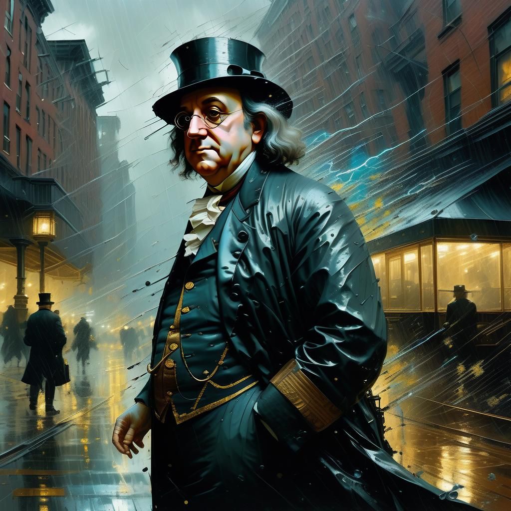 Steampunk Benjamin Franklin in Storm, Oil Painting