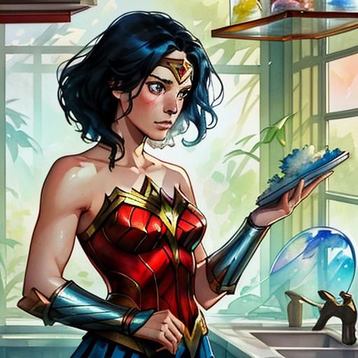 Wonder Woman Washing Dishes in a Terrarium